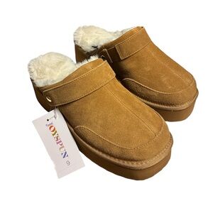 Joyspun Brown Suede Convertible Clogs With Faux Fur Lining